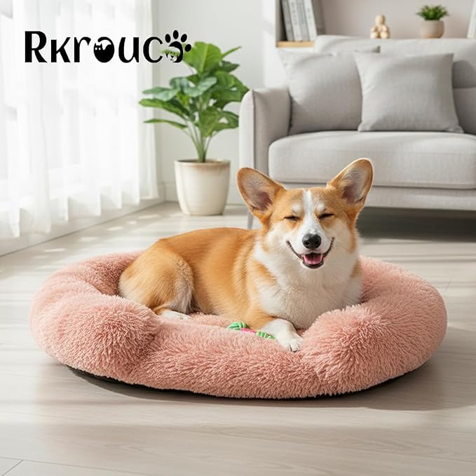 Fluffy Dog Bed Calming Donut Beds for Large Dogs Warming Round Small Medium Pet Nest Cozy Cat Mattress Indoor Washable Puppy Kennel Kittens Sleep Mat (M, 27.5×27.5 inch, Fresh Pink)
