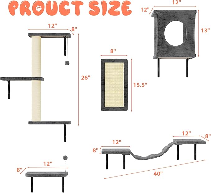 NUNU LAB Wall Mounted Cat Wall Shelves, 10-in-1 Cat Wall Climber with Kitten House, Bridge, Steps, Scratcher, Indoor Space-Saving Furniture for Kittens Play, Gray