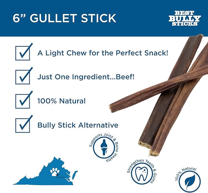 Best Bully Sticks 6 Inch Gullet Sticks - 25 Count (Pack of 1) - Natural, Esophagus Snack, Rawhide Alternative