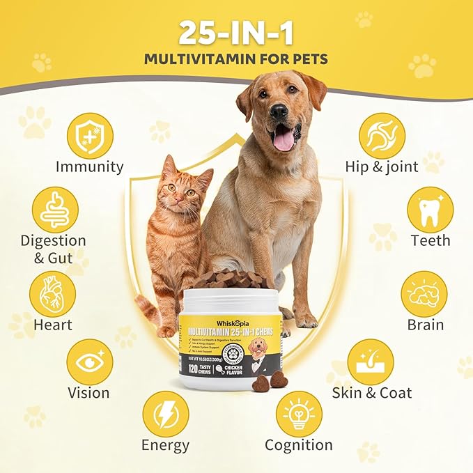 25-in-1 Dog Vitamins Supplements Multivitamin Chewable with Glucosamine MSM Colostrum Probiotics Omega-3 for Dogs and Cats Digestive Gut Hip Joint Omega-3 Skin & Coat Eyes Immune Support - 120 Ct