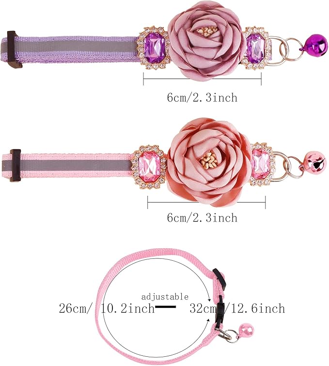 2 Pack Cat Collar Pink Floral with Bell and Removable Flower Bowtie Breakaway Adjustable Cat Collar for Girl Kitten Puppy Small Cats Dogs Daily Decoration (XQ9-4) (XQ9-5)