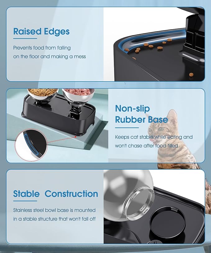 Elevated Cat Bowls, 15° Tilted in Both Way & 4 Height Adjustable Raised Cat Food Bowl, Cats Dish for Food and Water with 2 Stainless Steel Bowls, Anti Vomiting for Cats Puppy, Non-Slip No Spill