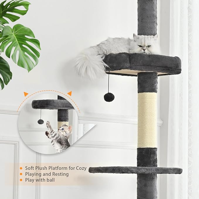 Floor to Ceiling Cat Tree,5 Tiers Tall Cat Tower with Adjustable Height(98-110),Cat Tree Floor to Ceiling with Cozy Hammock,Sisal Scratching Posts,Platforms,and Hanging Balls for Large Cats