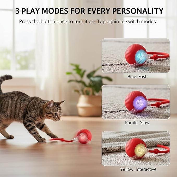 Interactive Cat Toys Ball for Cats - Upgrade Automatic Cat Toys for Indoor Cats, 3 Modes 2 Speed Moving Cat Ball 2PCS (Red Blue)
