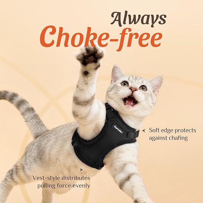 Dooradar Cat Harness and Leash Set, Escape Proof Safe Adjustable Kitten Vest Harnesses for Walking, Easy Control Soft Breathable Mesh Jacket with Reflective Strips for Cats, Black, XXS