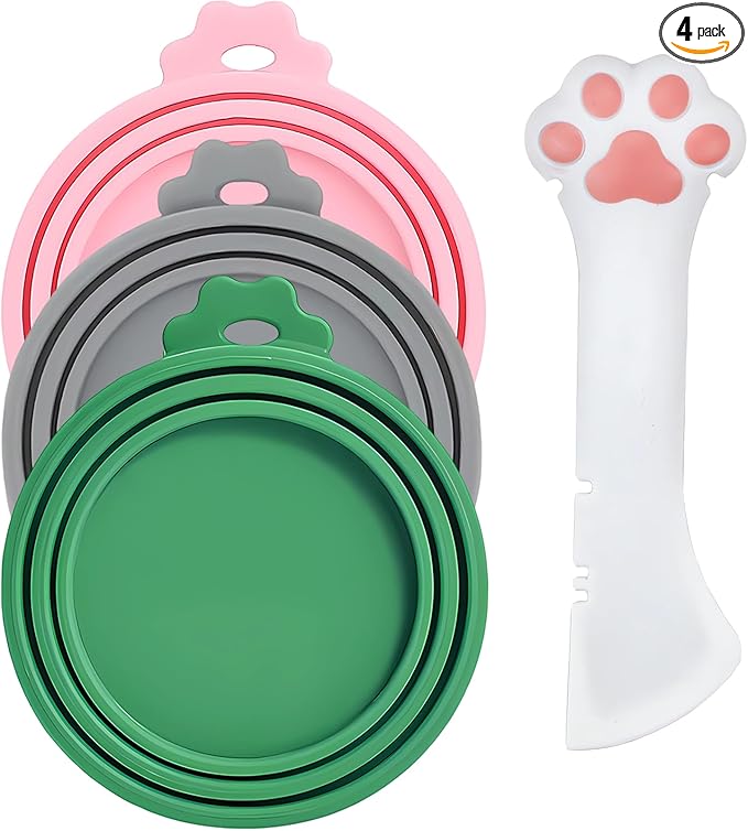Cat Food Can Covers Lids & White Spoon, Pink/Grey/Green Lids, Can Covers for Dog/Cat Food Cans, Fit 3 Standard Size Pet Food Cans, Spoon with Opener Paw & Mini Spatula