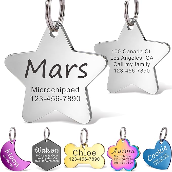 Anavia Personalized Pet ID Tags, Stainless Steel Glossy Laser Engraved Dog Cat Collar Name Tags, Multiple Colors Shapes Sizes (Star, Small)