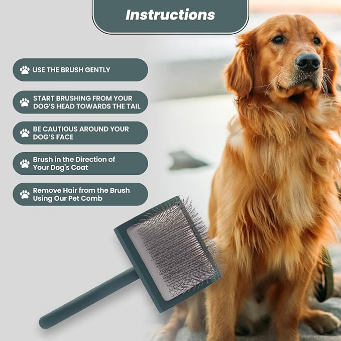 Self- Cleaning Slicker Brush for Dogs Suitable for Short & Long Haired Dogs and Effective Deshedding for Pet Grooming, Undercoat Removal, Tangle-Free Fur (Green Brush + Comb)