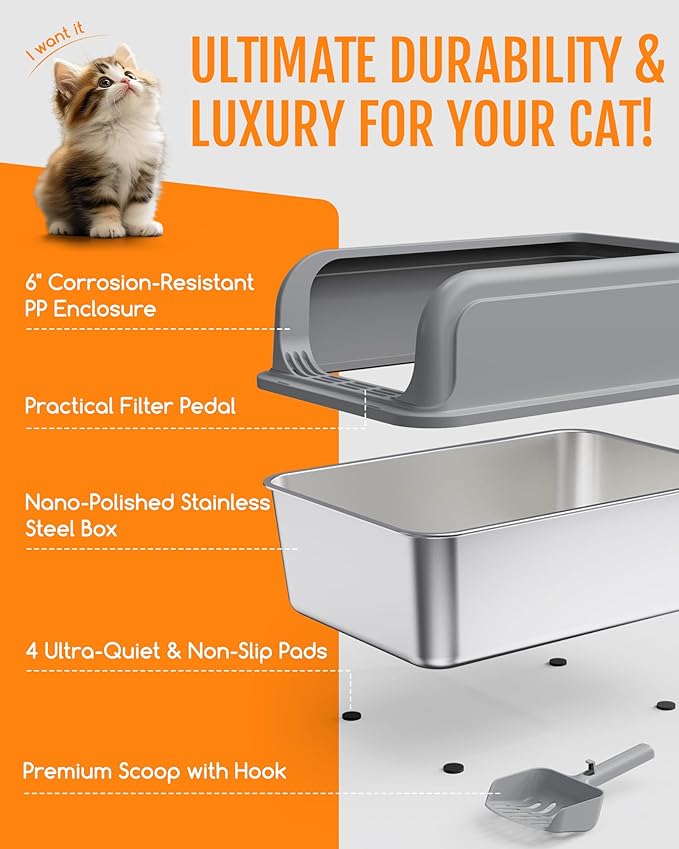 Stainless Steel Cat Litter Box, Metal Litter Box with Scoop, High- Sided, Anti-Leakage Top Entry, Non-Sticky, Easy to Clean, Grey, M (2 Pack)