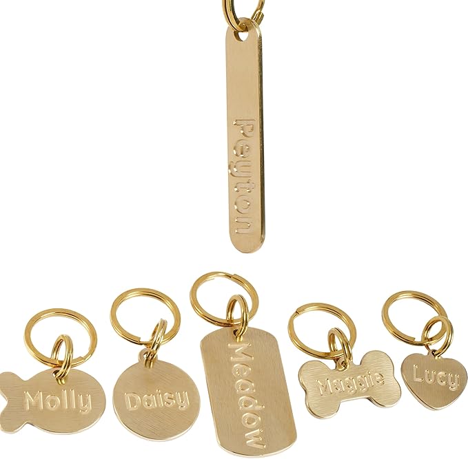 Solid Brass Personalized Dog Tags, Deep Engraved Pet ID Tag for Dogs and Cats, Heavy Duty Extra Thick Custom Name & Phone Number, Never Wear Off, Gift for Pets, 2 Polishing Pads Included (Long)