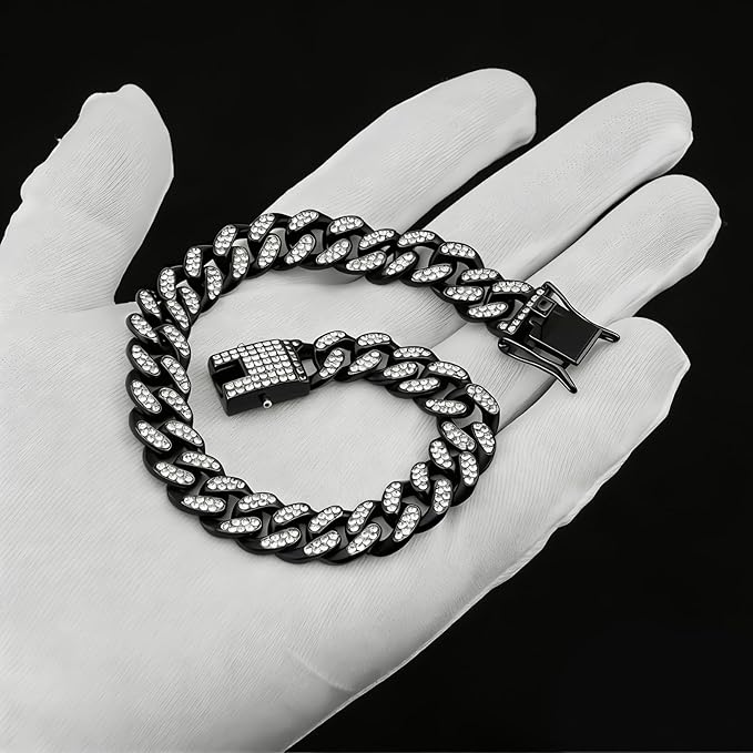 Dog Chain Collar Diamond Cuban Link Dog Collar (Black, 18inch)