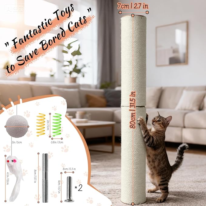 Cat Scratching Post Replacement Pole, 15.75" H, Sisal Pole Replacement Cat Tree Post Indoor, Small Size, with M8 Screws Beige (2PCS)