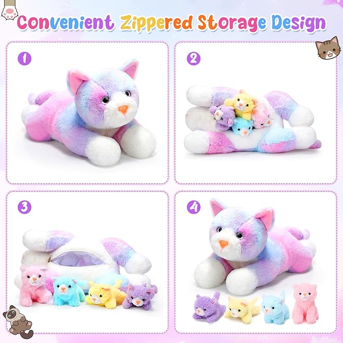 Skylety 5 Pieces Cat Stuffed Animal with Babies Inside Belly Plush Cat Pregnant Mommy Kitty with 4 Cute Fluffy Stuffed Kittens Christmas Birthday Surprise Gifts(Colorful)