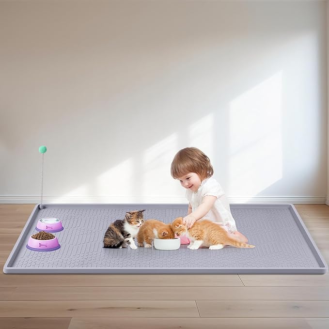 Cat Food Mat with Toy Ball, 38'' x 25'' Extra Large Silicone Pet Feeding Mat with Raised Edge Pet Placemat for Food and Water Bowl Non-Slip, Easy to Clean, Floor Protection (Grey)