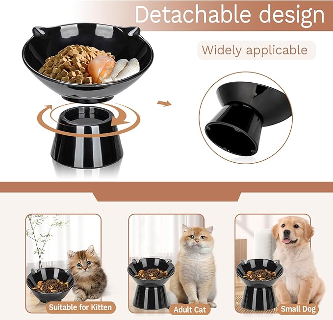 Detachable Slow Feeder Cat Bowl- Elevated Cats Feeder Tilted, 7 Inch Large Extra Wide Raised Cat Food Bowl Whisker Friendly, for Indoor Cats and Small Dogs Anti-Vomiting Black
