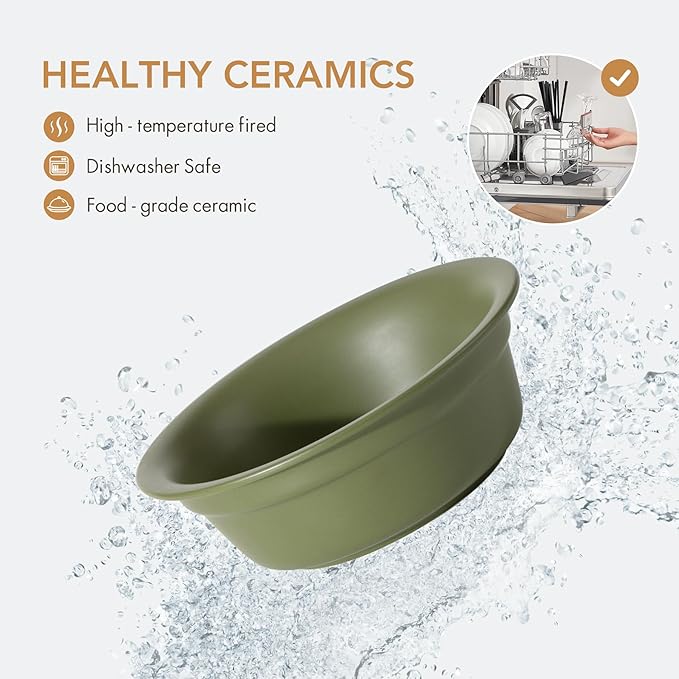 Ceramic 6.3inch Set of 2 Dog Bowls, 2pcs Basic 1.5 Cup Food or 15 oz Water Dishes for Small Dogs, Wide Opening Rounded Edge (2 Bowls, Olive Green)