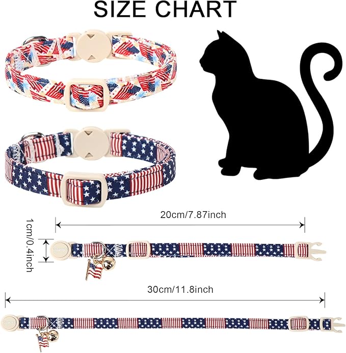 2 Pack American Flag Cat Collars Breakaway with Bell, DOGWONG Safety Buckle Independence Patriotic Cute Cat Collar for Girl Boy Cats，Adjustable 7-12 Inch
