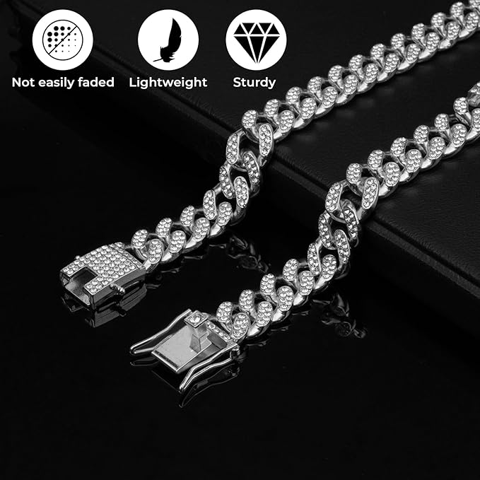 Dog Chain Collar Silver Dog Necklace Diamond Cuban Link Dog Collar 13mm Wide Metal Pet Cat Dog Chain Crystal Collar Jewelry Accessories for Large Medium Small Dogs Cats(Silver,22 Inch)
