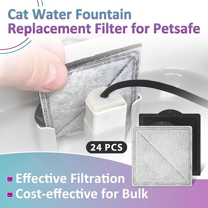 24-Pack Cat Water Fountain Replacement Filter Fit for Petsafe Premier, Outlast Pumpless, Ion-X & Viva Pet Water Fountain, Double Filtration, Square (Black)