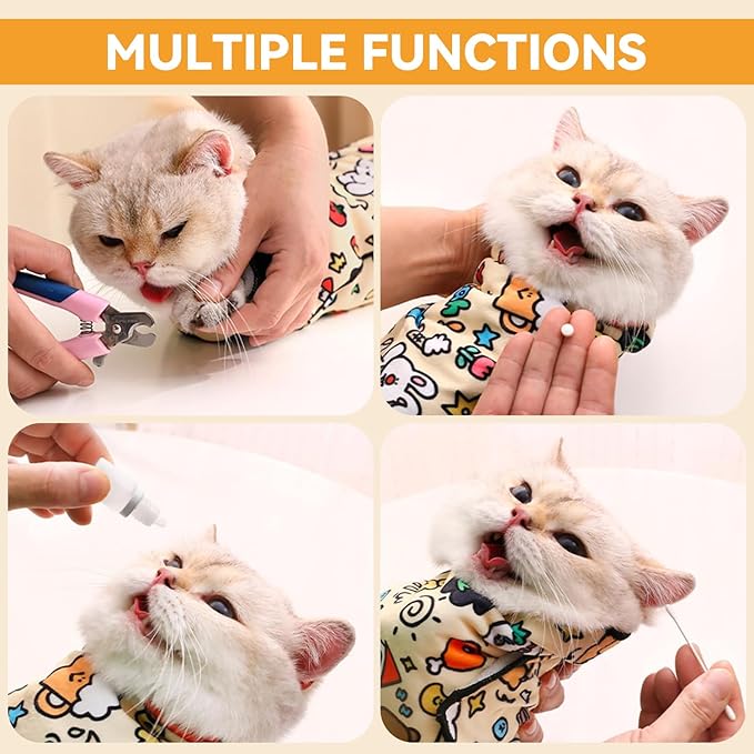 Cat Grooming Wrap, 27inch Self-Adherent Soft Cat Blanket to Wrap, Fabric Burrito Wrap for Nail Clipping, Anti-Scratch, Anti-Escape,Multifunctional Swaddle Wrap Pet Tool (Cute Prints)