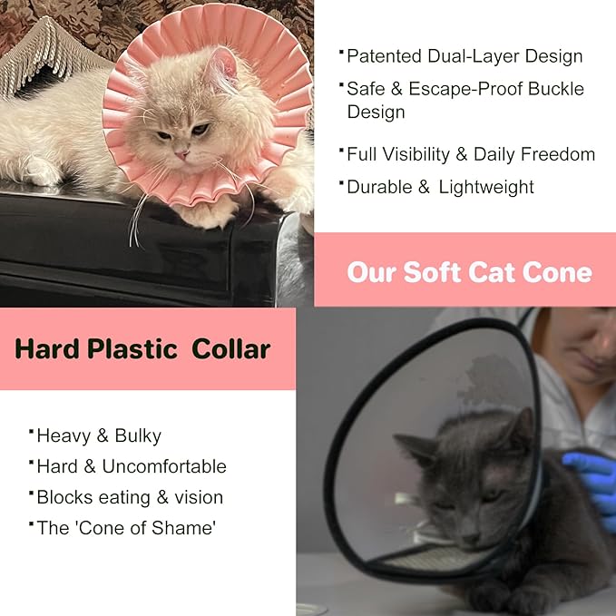 2 Pieces Soft Cat Cone Collar– Adjustable Lightweight Recovery E-Collar to Stop Licking, Scratching & Biting After Surgery, Comfortable Wound Healing Cone Alternative (Pink, S)
