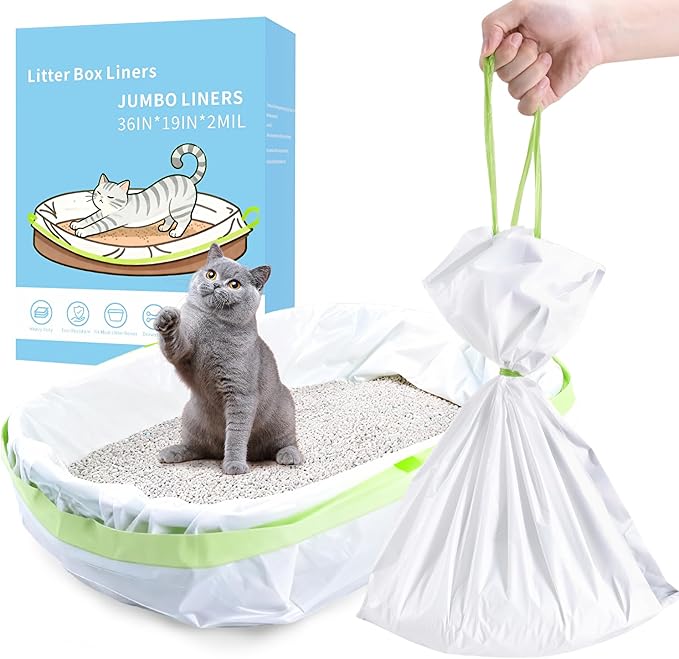 34 Count Jumbo Cat litter Box Liners, 36" x 19" Easy Clean Up Thick Large Kitty Litter Liner XL, Extra Large Heavy Duty Litter Pan Liner Bags with Drawstring for Pet Cat Litter Tray