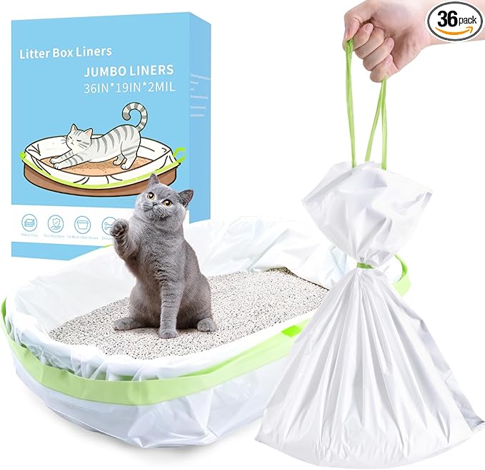 36 Count Jumbo Cat litter Box Liners, 36" x 19" Easy Clean Up Thick Large Kitty Litter Liner XL, Extra Large Heavy Duty Litter Pan Liner Bags with Drawstring for Pet Cat Litter Tray