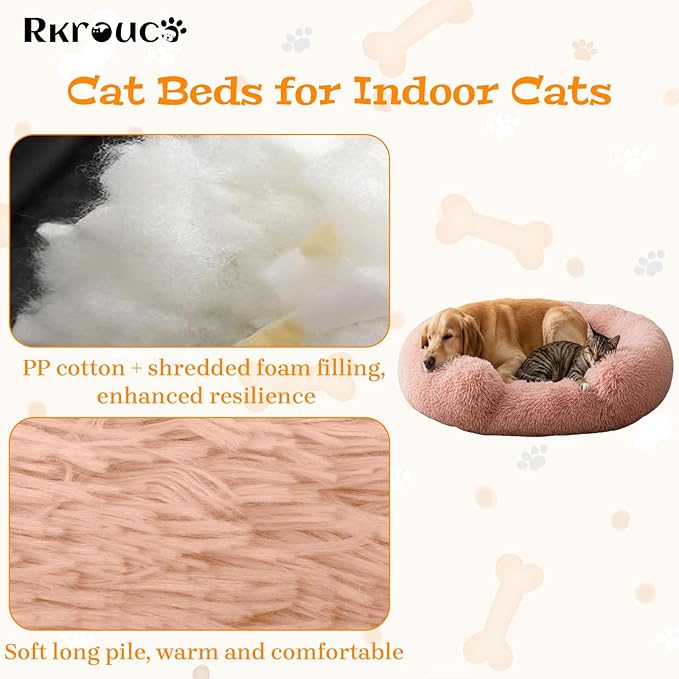 Fluffy Dog Bed Calming Donut Beds for Large Dogs Warming Round Small Medium Pet Nest Cozy Cat Mattress Indoor Washable Puppy Kennel Kittens Sleep Mat (M, 27.5×27.5 inch, Fresh Pink)