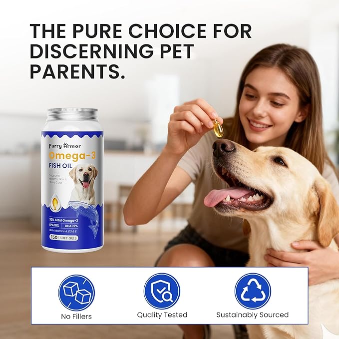 Omega 3 Fish Oil for Dogs & Cats- 150 Softgels for Skin, Coat & Joint Support | Tasty Fast-Absorbing Supplement with EPA & DHA | Made from Wild-Caught Fish