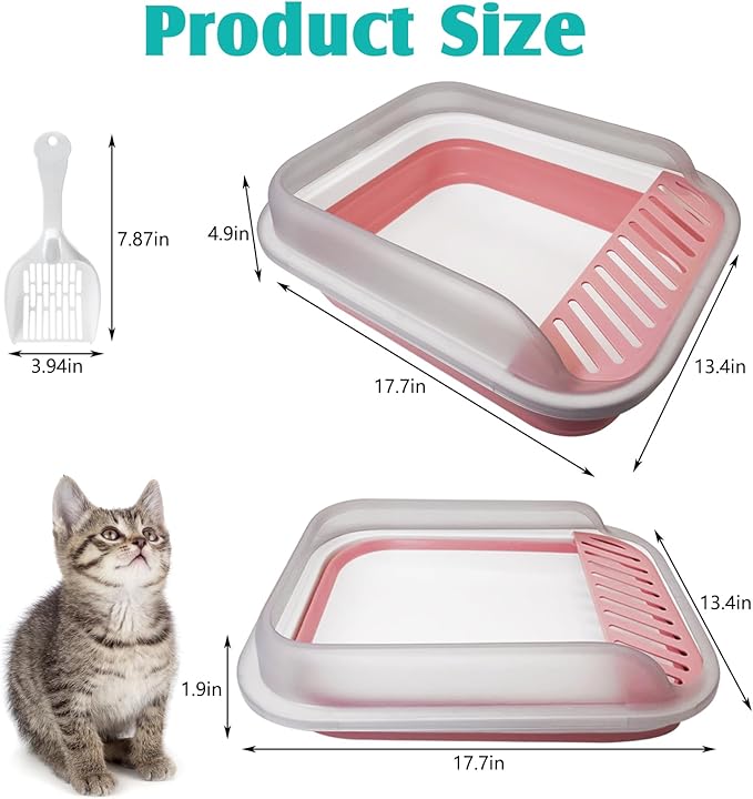 VCEPJH Collapsible Litterbox with High Sides Small Cats Litter Pan with Scoop Open Cat Litter Box Portable Travel Kittens Toilet Kitten Starter Kit for Kittens Adult Cat Elderly Cats (Pink)