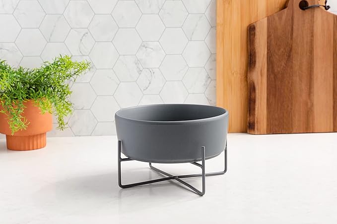 Waggo Simple Solid Dog Bowl with Iron Stand – Elevated Ceramic Feeder or Water Bowl for Small or Large Dogs (Large, Dolphin)