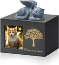 Cat Urns for Ashes, Tree Pattern Wooden Keepsake with Photo Frame, Pet Urn Memory Box with Resin Animal Statue and Sealed Storage Bags (75lbs) (Black)