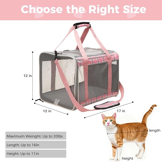 Soft Sided Cat Carrier for Large Cats Up to 20 Lbs, Collapsible Cat Bag Airline Approved with Upgrade Zipper Closures,17 * 12 * 12in Pet Travel Carrier for Small Dogs Puppy or 2 Kittens, Pink