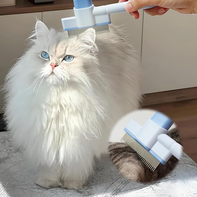 Cat Comb Flea Comb Pet Self Cleaning Upgraded Cat Brush for Long&Short Haired Cats & Dogs（Blue)