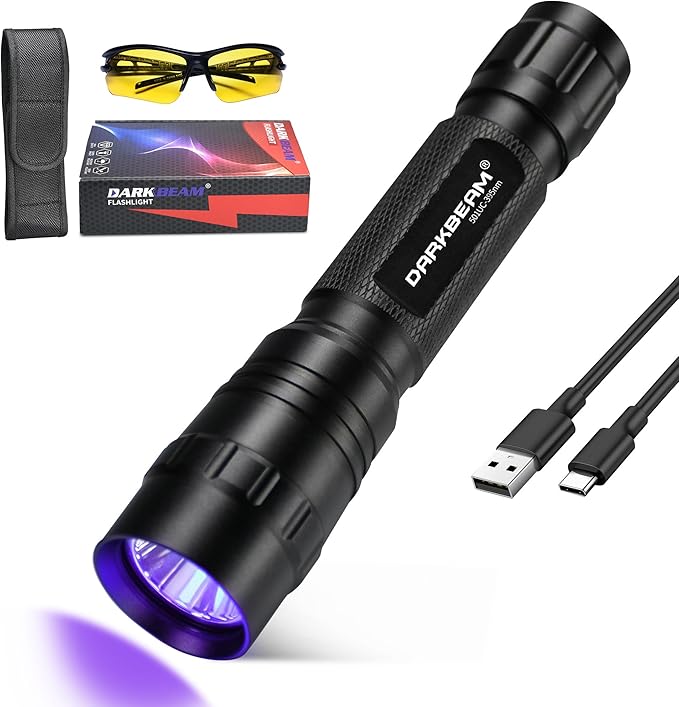 DARKBEAM Flashlight UV 395nm Black Light, Mini & Powerful Wood’s Lamp USB -C LED Rechargeable Blacklight, 10W Portable Pet Dog Urine Detector - Resin Curing, Fluorescent, Scorpion Detection