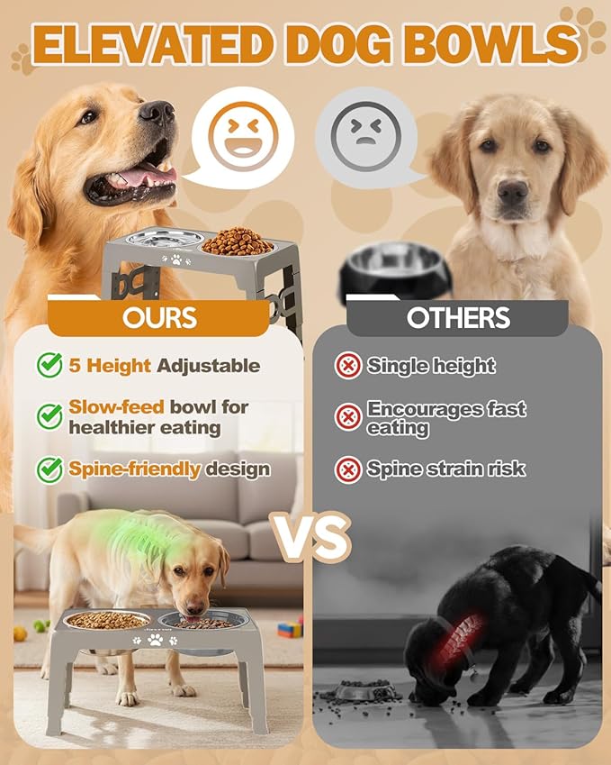 Elevated Dog Bowls for Medium Large Size Dogs, Non-Slip Dog Feeder with 1*Stainless Steel Dishes & 1*Slow Feeder Bowl, 5 Heights Adjustable Raised Bowls to 3.15″-8.66″-9.84″-11.02″-12.2″