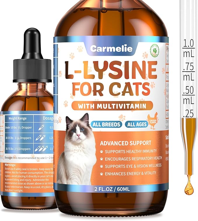 L-Lysine Supplement for Cats - Immune & Respiratory Support for Feline Health - Promotes Eye Function, Reduces Sneezing & Runny Nose - Natural Defense Boost - Roast Chicken Flavor, 60ML