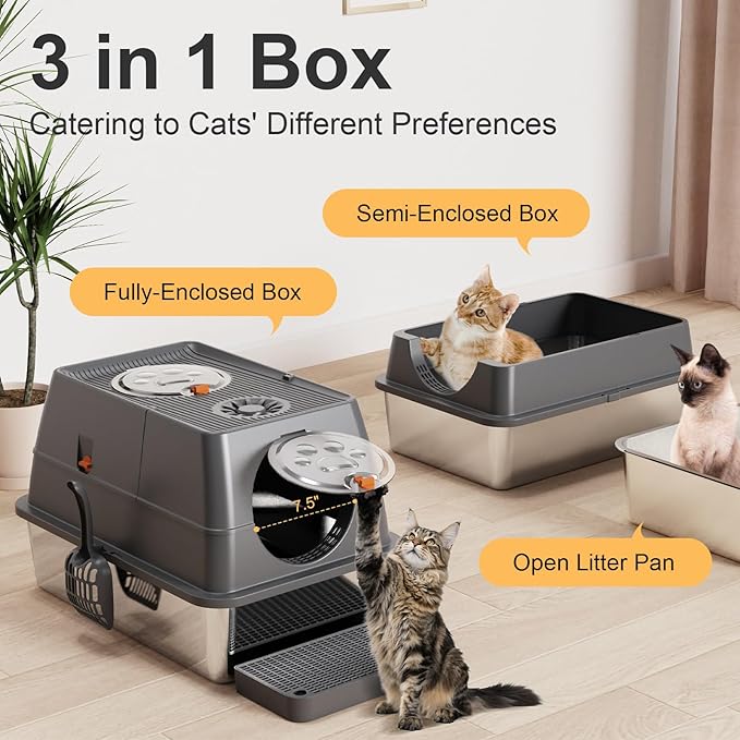 Stainless Steel Litter Box with Lid XL Extra Large Litter Box Enclosed Top Entry Metal Litterbox for Big Cats Easy Cleaning Anti-Leakage & High Sided with Mat Aisle & Scoop, Dark Grey