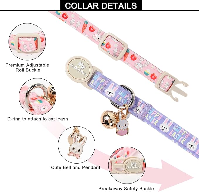 2 Pack Easter Cat Collar, Purple Rabbit& Pink Rabbit Pattern Kitten Breakaway Collar, Adjustable Cute Easter Collar with Bell&Pendent for Female Male Cat