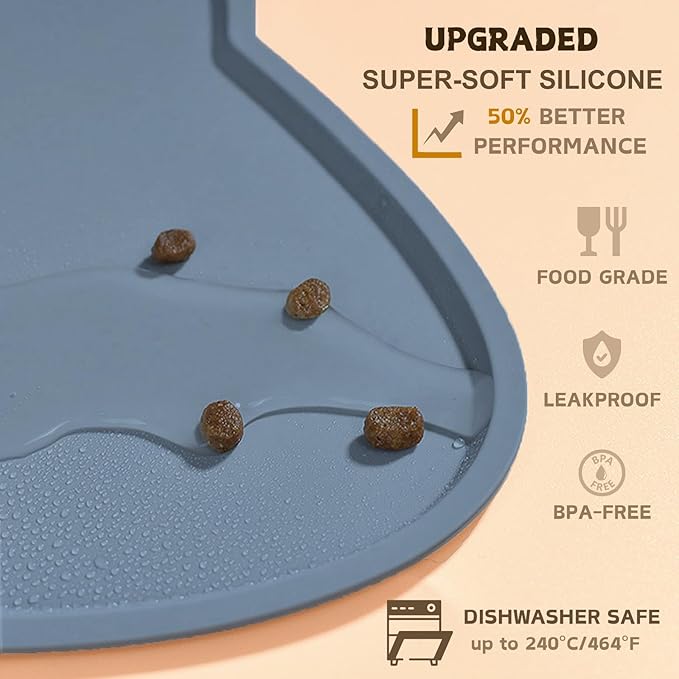 Cat Food Mat, Silicone Non Slip Dog Bowl Mat Waterproof Cat Feeding Mat Stop Food Spills and Water Messes Out to Floor Pet Food Mat (Stone Blue, 20" x 12")