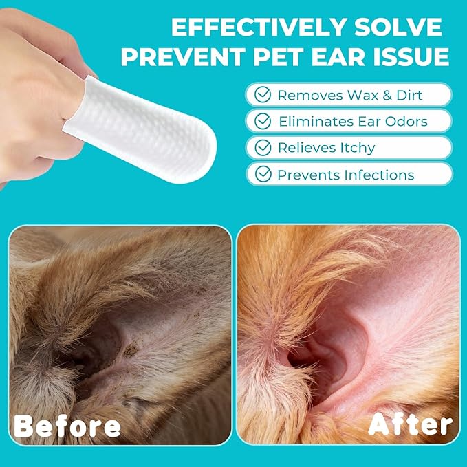 Pet Ear Cleaner Finger Wipes for Dogs, Cats, Gentle Alcohol-Free Formula, Removes Wax, Debris, 50 Count, Vet Approved, 4x8cm