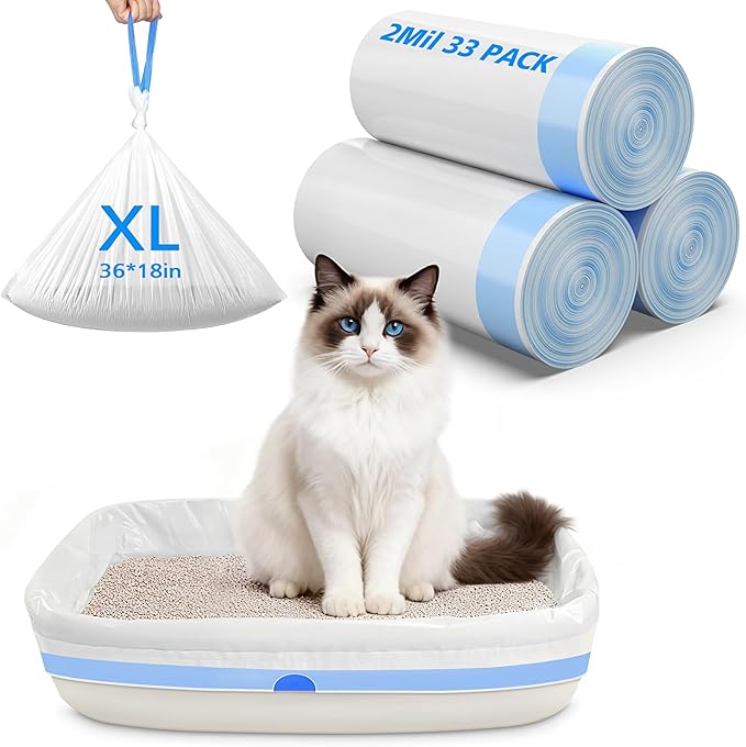33 Count Jumbo Litter Box Liners 36" X 18",2mil Pre-Separated Cat Litter Bags with Heavy Duty Drawstring,Extra Thick Leakproof Cat Pan Liners for Kitty Box