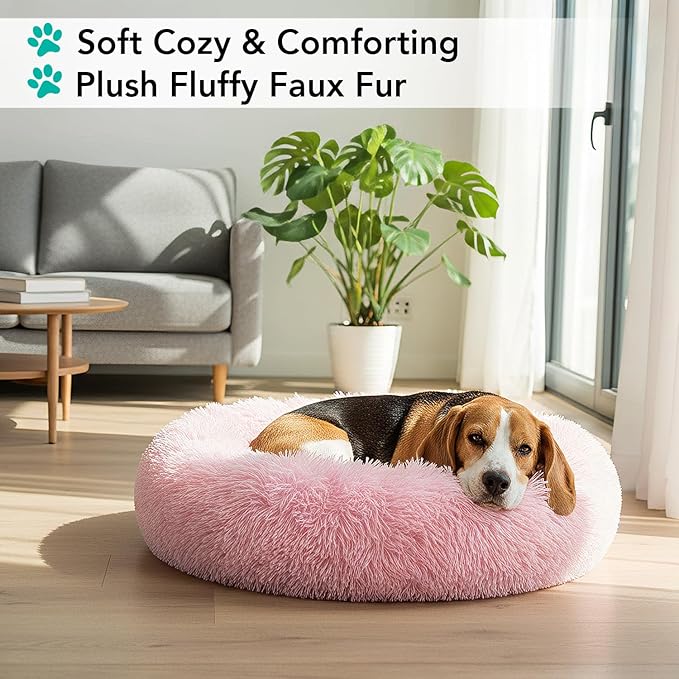 PetAmi Calming Dog Bed for Small & Medium Dogs and Cats, 30 Round Donut Dog Bed, Washable Fluffy Faux Fur Puppy & Cat Bed, Anti-Anxiety Plush Cuddler Pet Bed with Anti-Slip Bottom - Pink