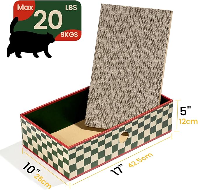Conlun Cat Scratcher Box with 3-Layer Corrugated Pad, Heavy-Duty Double-Sided Cardboard Scratching Board & Bed, Checkered Design, for Cats, Large