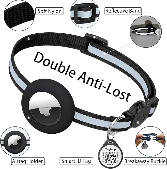 Reflective Breakaway Cat Collar with Apple AirTag Holder with Smart ID tag, QR Code Tag & Bell - Personalized Real-Time Tracking for Cats & Kittens,NO APP (Sky Blue)