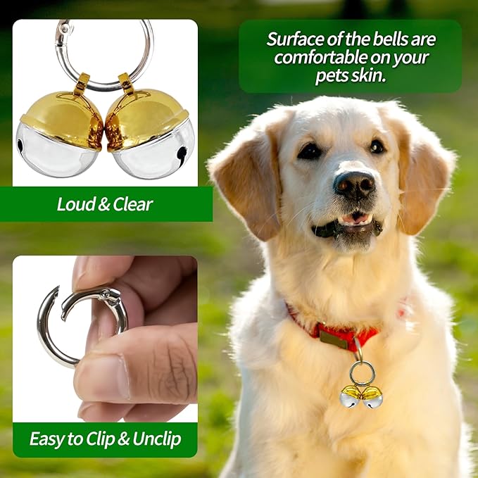 Bells for Dog Collars with Easy Clip Clasps, Suitable for Medium to Large Dogs, Extra Loud Pet Tracker, Durable Collar Charms (Gold & Silver, 2 Pack)