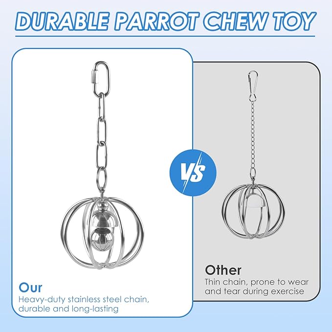 Heavy-Duty Stainless Steel Bird Toy for Parrots, Durable Hollow Foraging Ball with Detachable Chain, Chew-Proof Parakeet Training Toys for Macaws, Amazons, Eclectus, African Greys, Cockatoos