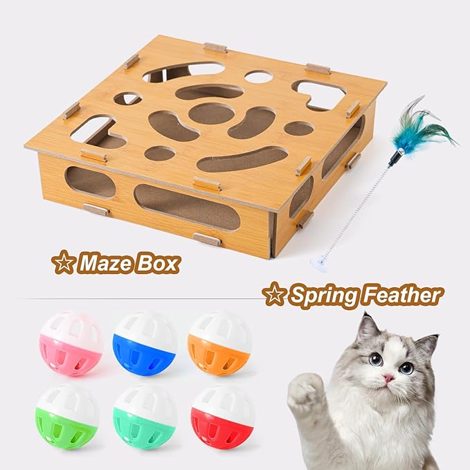 Cat Scratch Puzzle Enrichment Box,Cat Toy Box for Indoor,Cat Toy Box with 2 Balls & 1 Cats Teasers