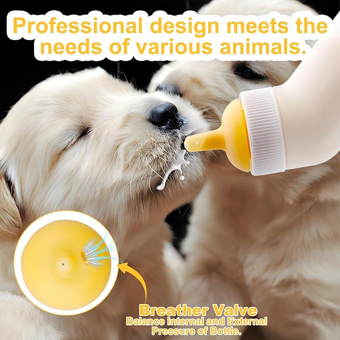 Pet Nursing Bottle for Newborn Animals,Kitten Bottle Feeding Kit Silicone Nipple for Kittens Puppys Rabbits Squirrel (Yellow, Large)