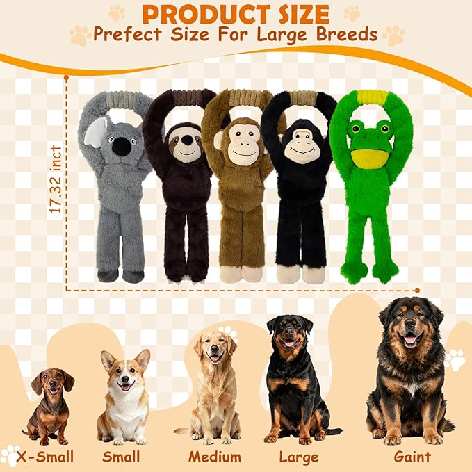No Stuffing 5-Pack Dog Toys, Squeaky Plush with Crinkle to Keep Them Busy, Pull-tab Toys for Tug of War, Animal Shaped Dog Toys for Large, Medium and Small Dogs.